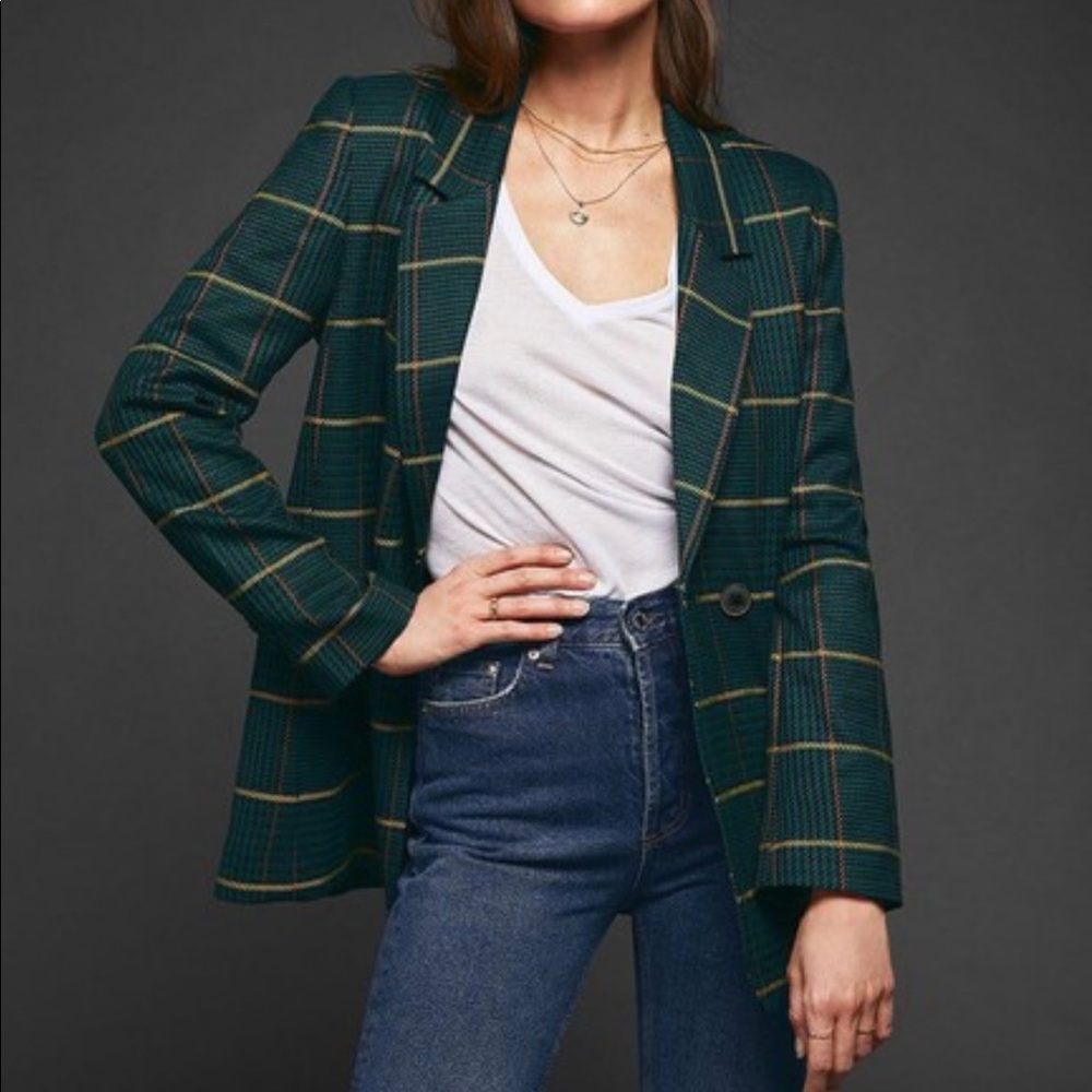 ANINE BING Madeleine Houndstooth Plaid Oversized Blazer Green XS